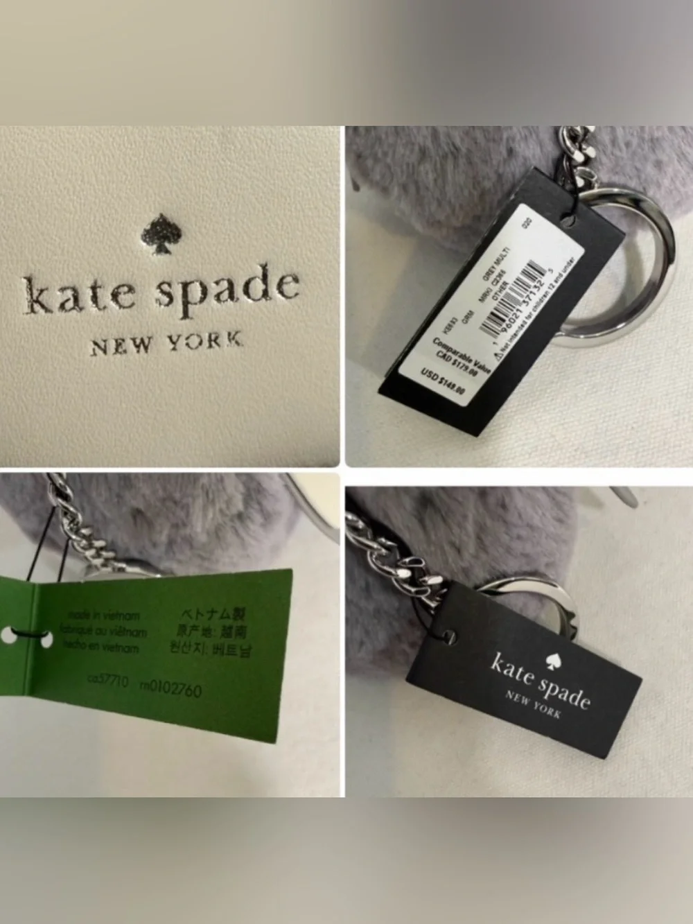 Kate Spade 3D Hoot Owl Coin Purse Keychain Faux Fur Gray White with Dust Bag NWT
